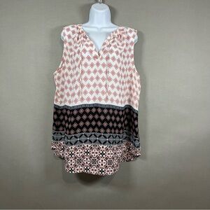 Ann Taylor Geometric V Neck Tie Sleeveless Blouse